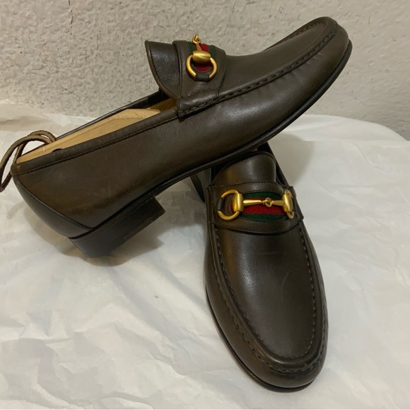 Authentic Gucci Web Gold Horsebit Brown Leather Mens Loafer size 7.5 D - Picture 3 of 16